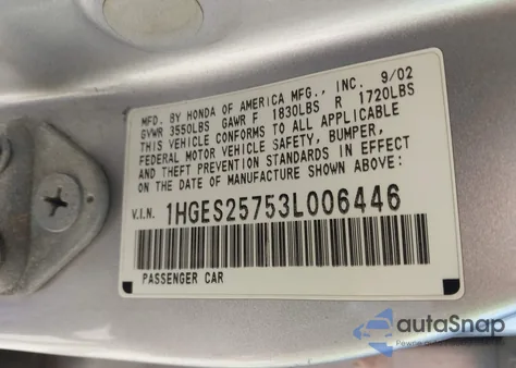 2003 Honda Civic Ex из США, поврежденный, VIN 1HGES25753L006446